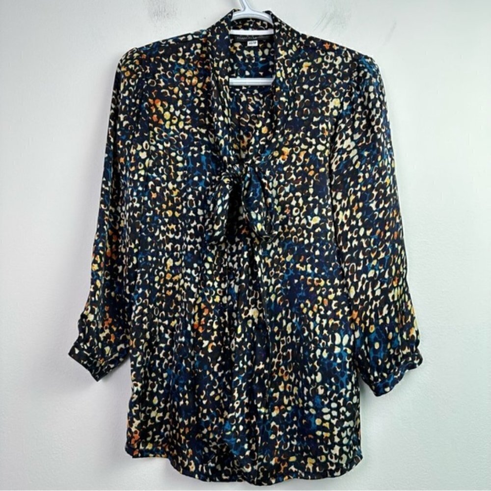 Franco Mirabelli Animal Print Button Down Neck Tie Blouse XS